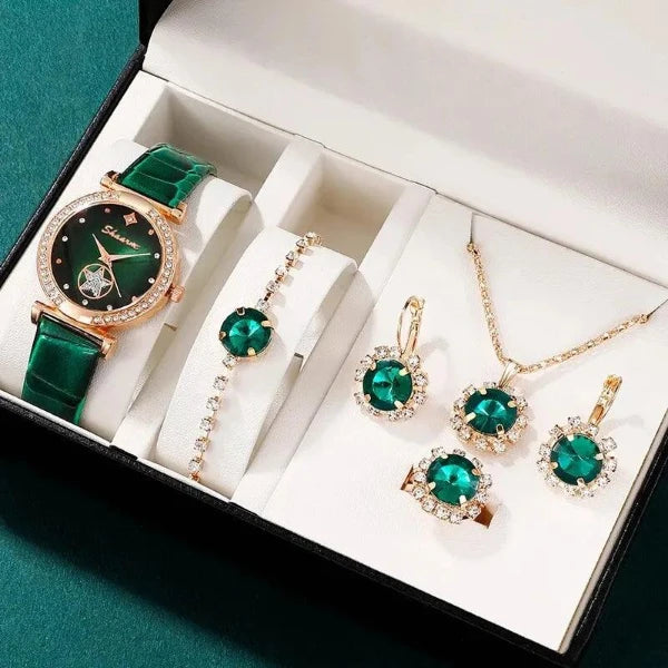 Set jewelry Wristwatch 6PCS Green Luxury Ring Necklace Earring bracelet Rhinestone