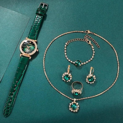 Set jewelry Wristwatch 6PCS Green Luxury Ring Necklace Earring bracelet Rhinestone