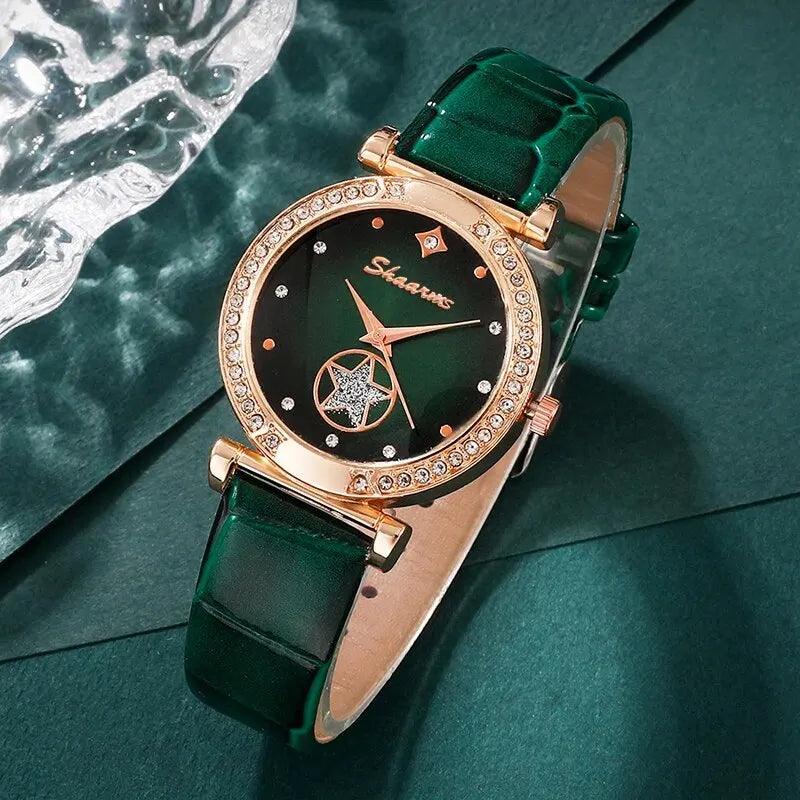 Set jewelry Wristwatch 6PCS Green Luxury Ring Necklace Earring bracelet Rhinestone