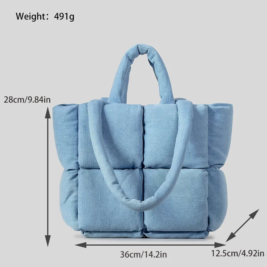 Padded Denim Puffer Shoulder Tote Bag