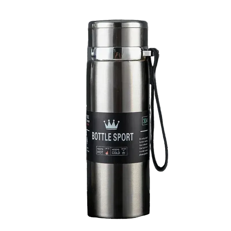 Silver insulated bottle with black label