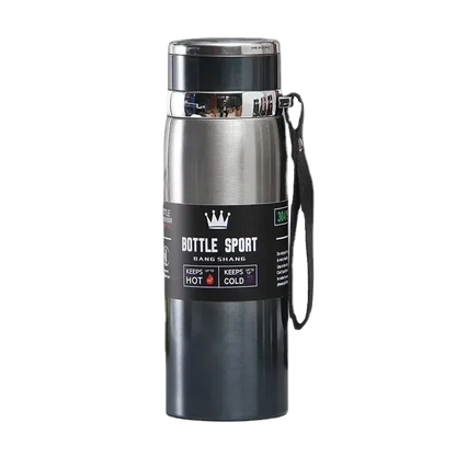 Silver insulated bottle with black label