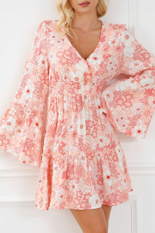 Smocked Printed Flare Sleeve Mini Dress Carauana Store