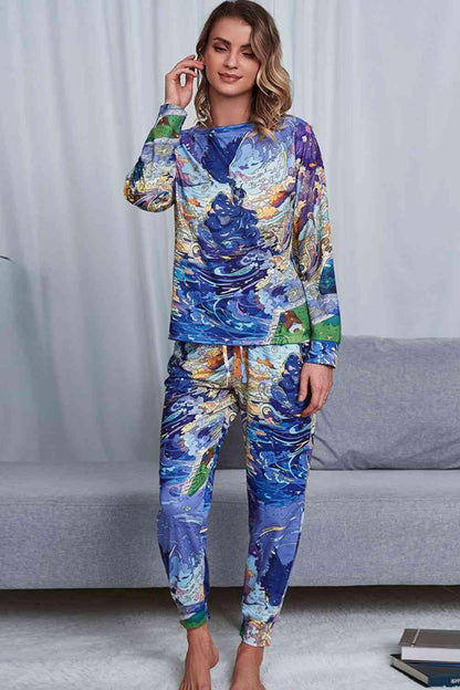 Tie-Dye Crewneck Top and Drawstring Waist Joggers Lounge Set Carauana Store