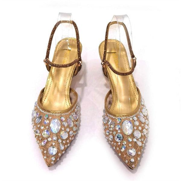 Venus Chan 2023 Fashion Rhinestone Heels Pointed-Toe Gold Colored Lace Tassel Design Elegant Luxury Shoes and Bag for Lady Party