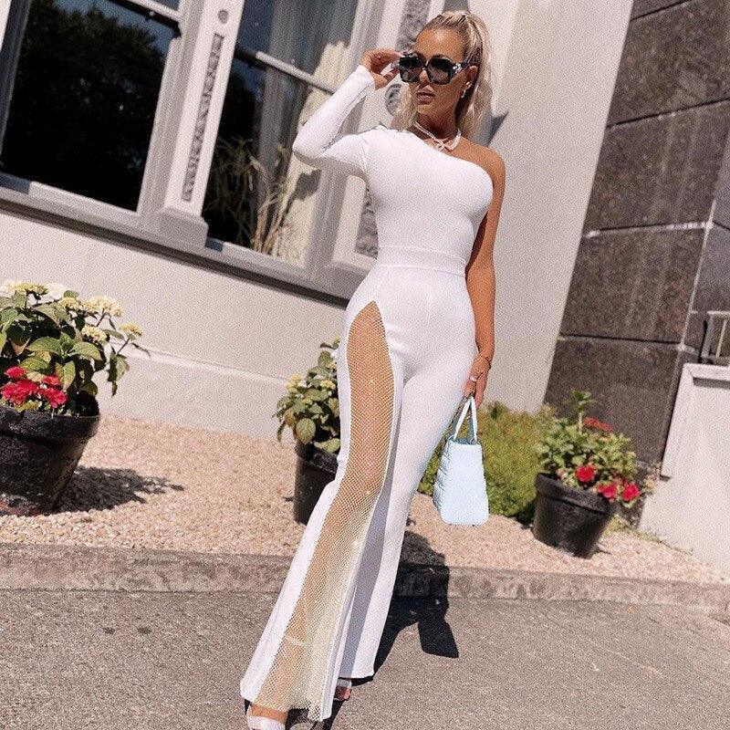 Vip Jumpsuits Rhinestones Bodycon Flared Slim Fit High Waist One-piece Outfits