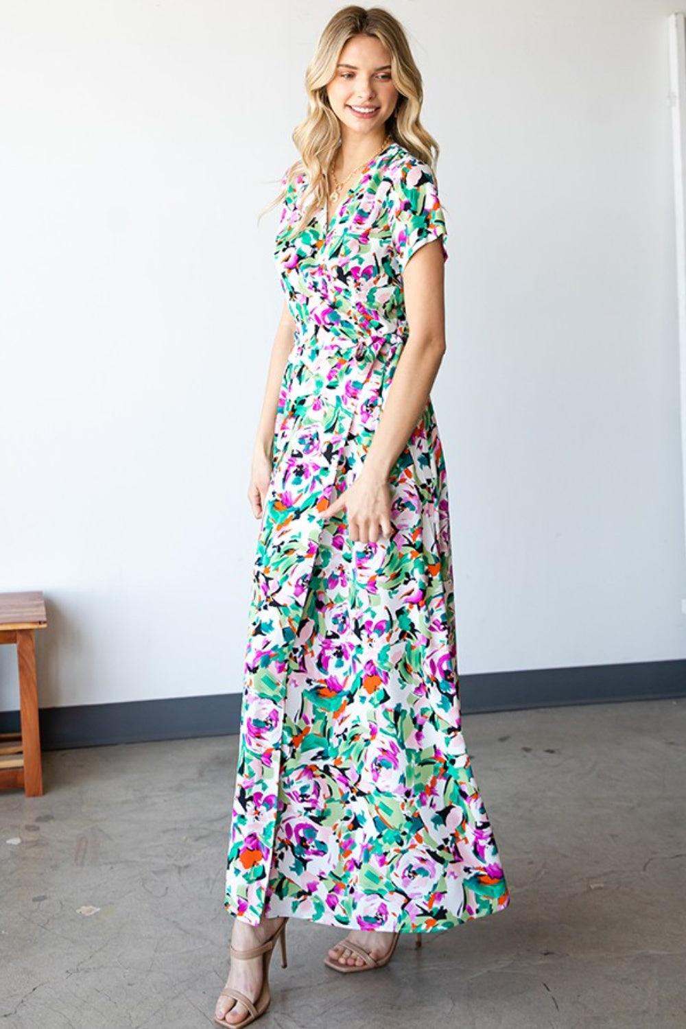 First Love Slit Printed Surplice Tie Waist Short Sleeve Dress Carauana Store