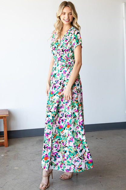 First Love Slit Printed Surplice Tie Waist Short Sleeve Dress Carauana Store
