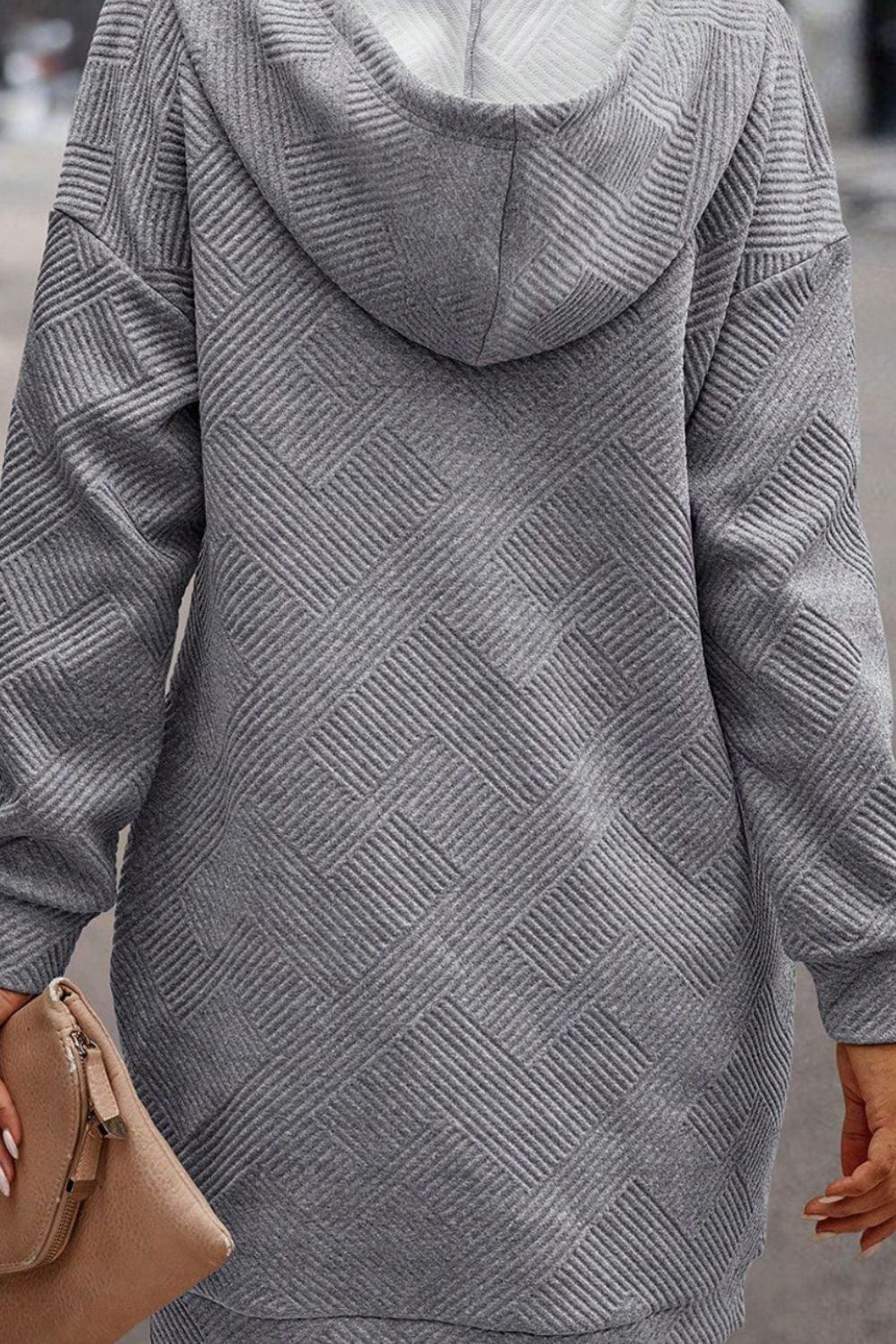 Texture Half Snap Drawstring Hooded Dress Carauana Store