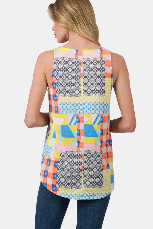 Zenana Printed Round Neck Curved Hem Tank Carauana Store
