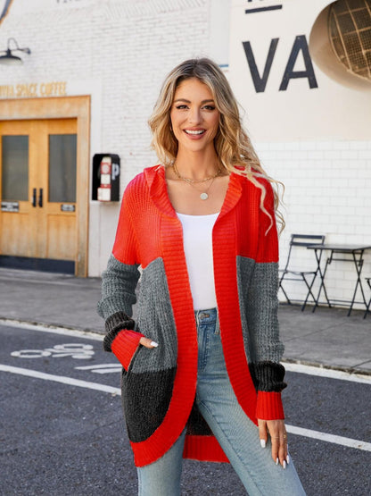 Color Block Open Front Hooded Cardigan Carauana Store