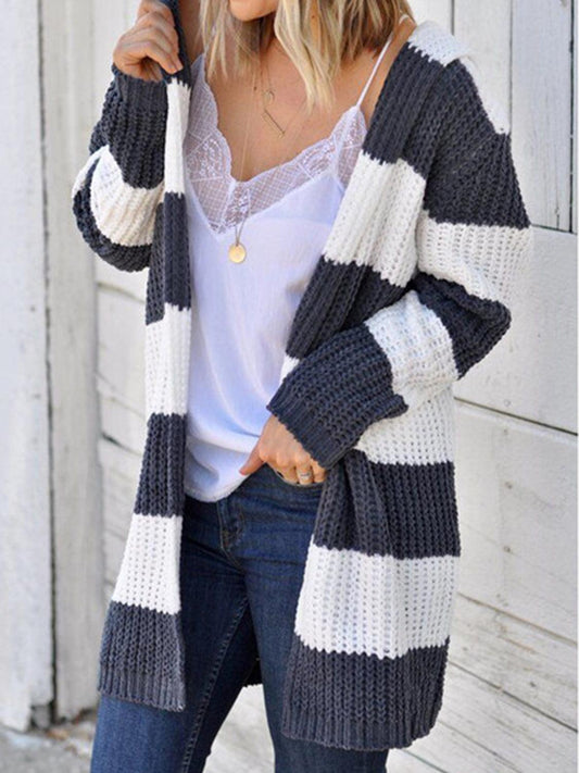 Striped Open Front Hooded Cardigan Carauana Store