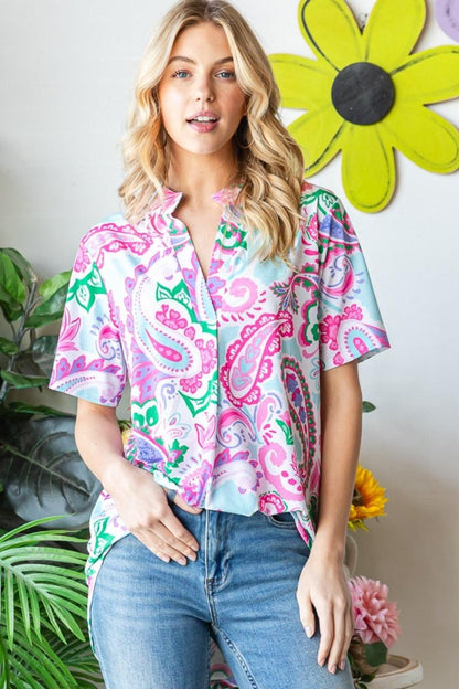Heimish Full Size Paisley Print Short Sleeve Top Carauana Store
