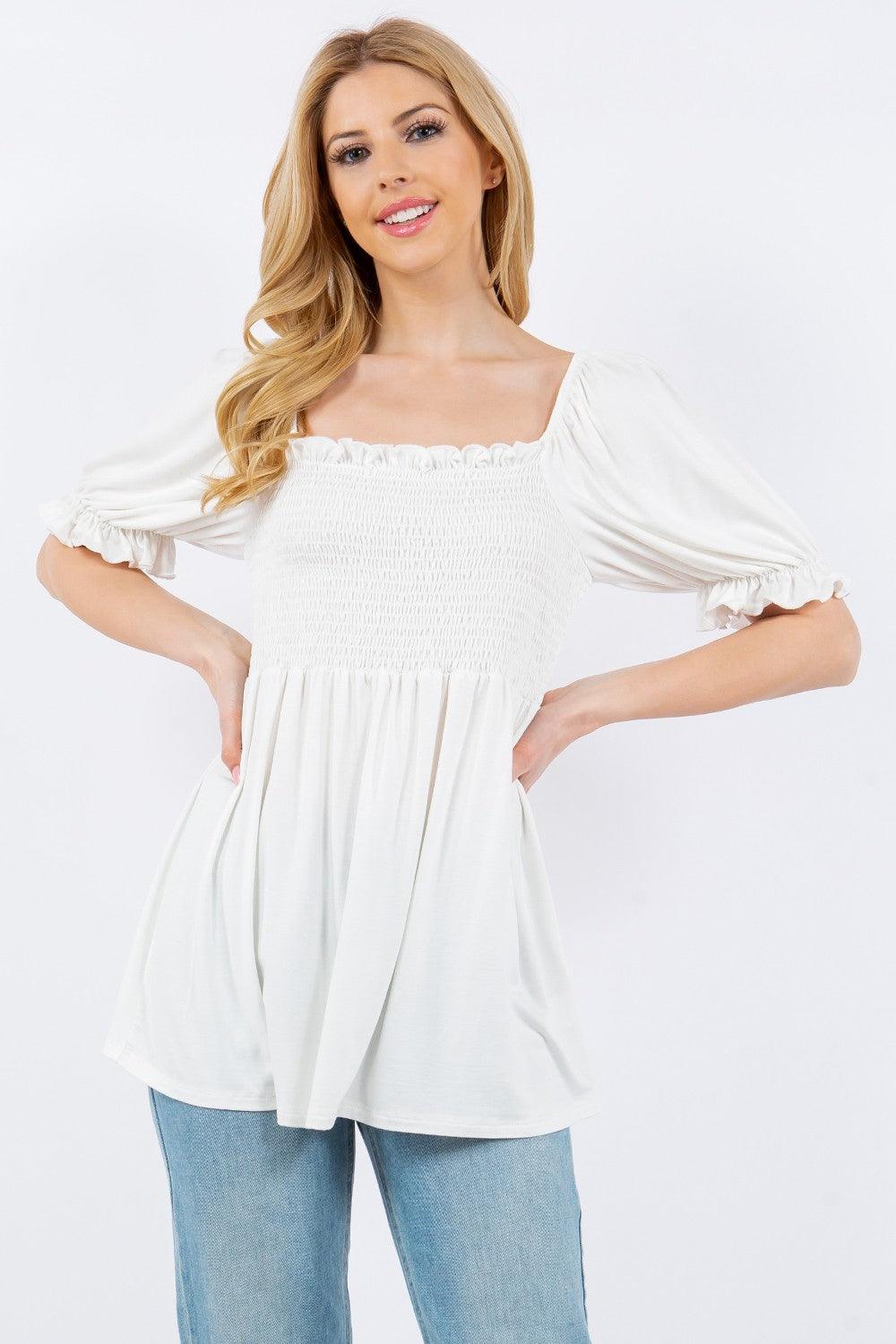 Celeste Full Size Ruffled Short Sleeve Smocked Blouse Carauana Store