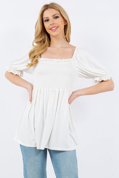 Celeste Full Size Ruffled Short Sleeve Smocked Blouse Carauana Store