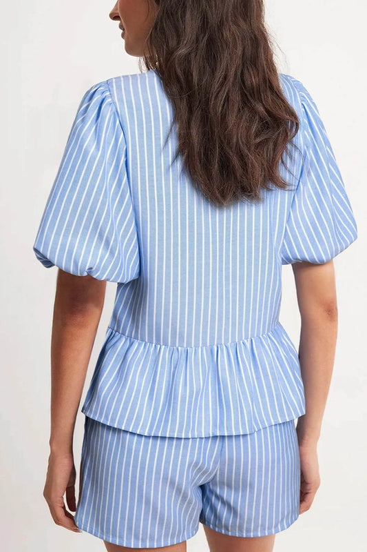 Striped Bowknot Detail Puff Sleeve Top and Shorts Set Carauana Store