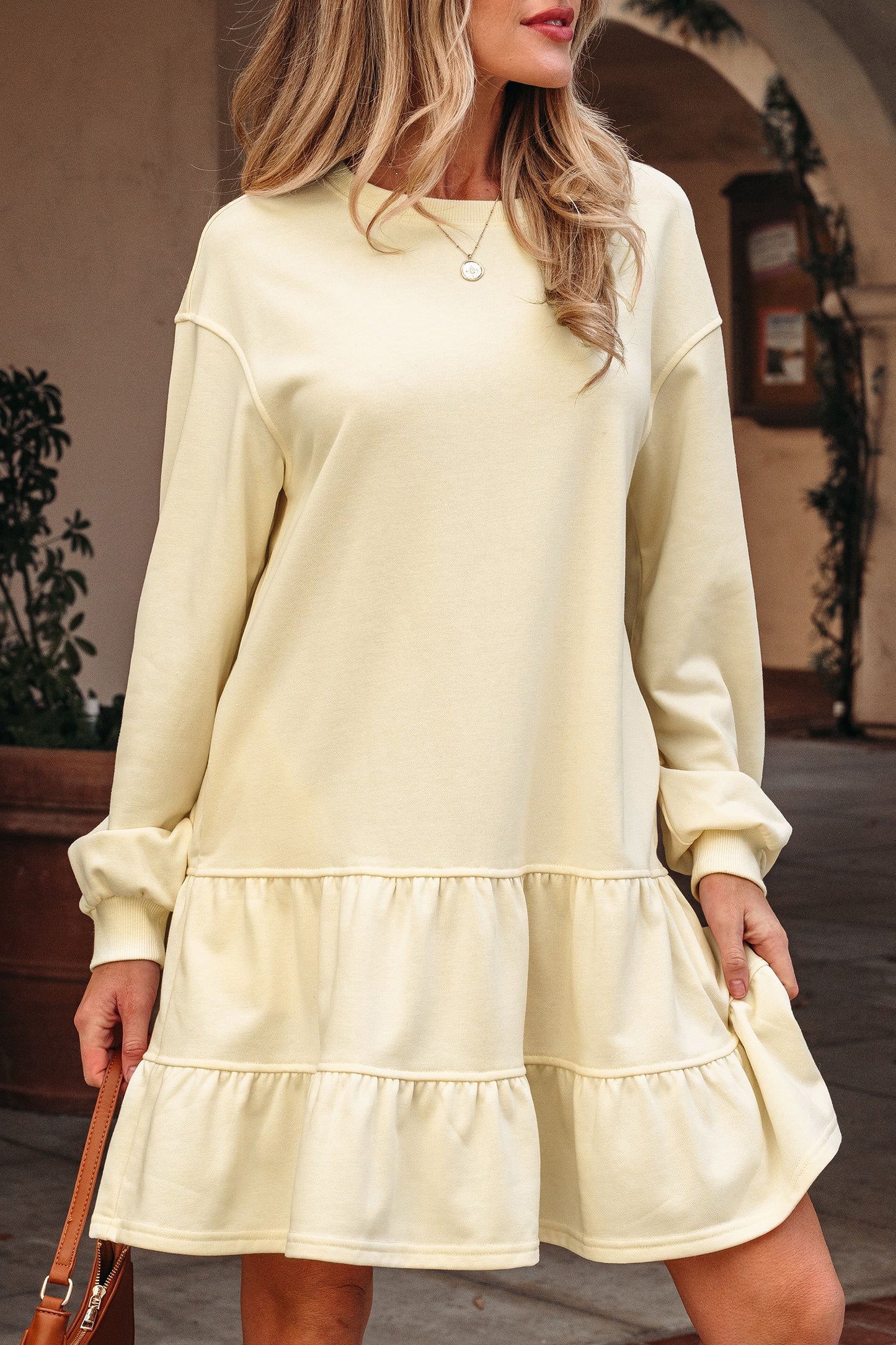 Beige Double Tiered Ruffle Hem Long Sleeve Loose Mini Dress
