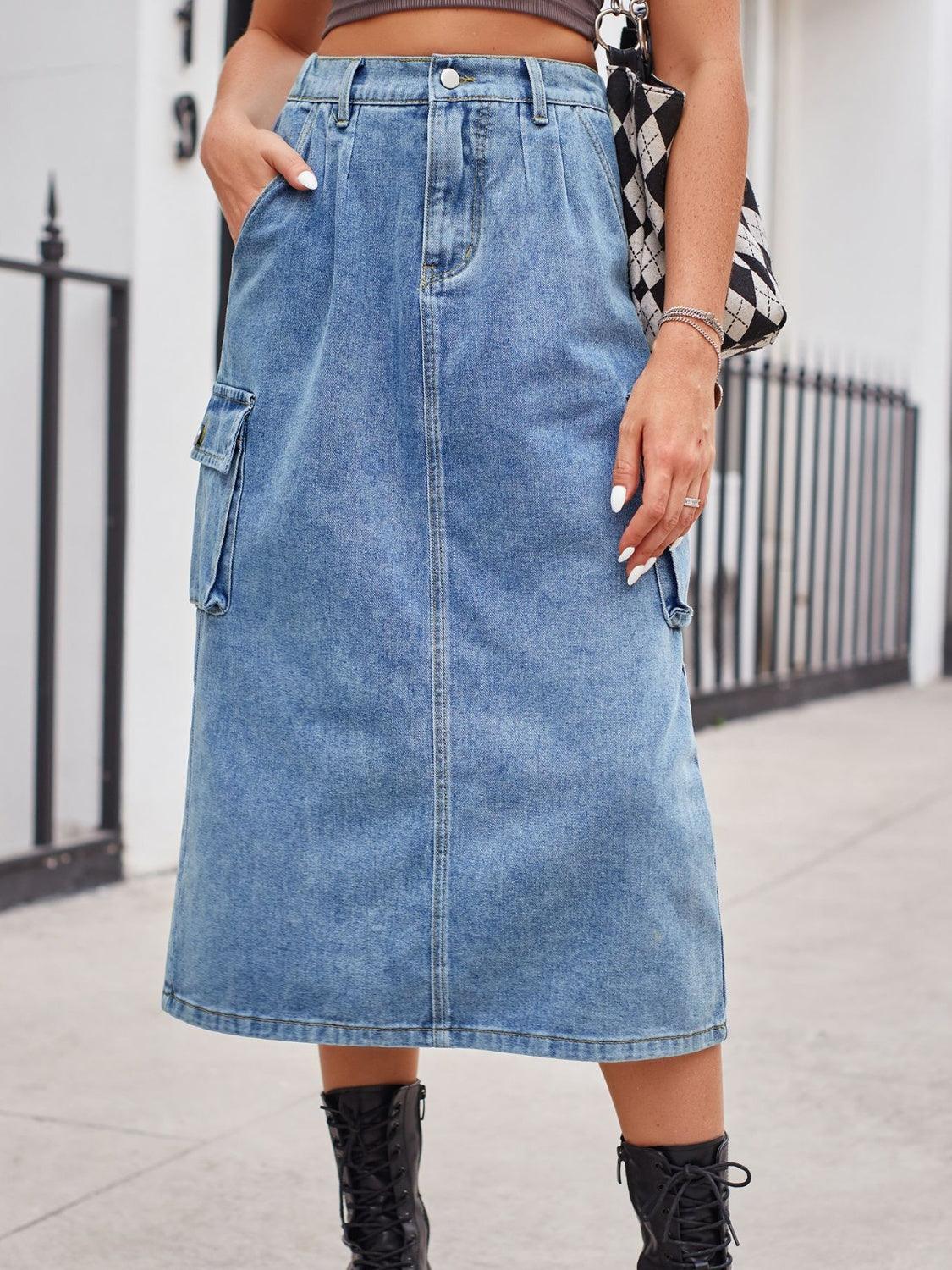 Slit Buttoned Denim Skirt with Pockets Carauana Store