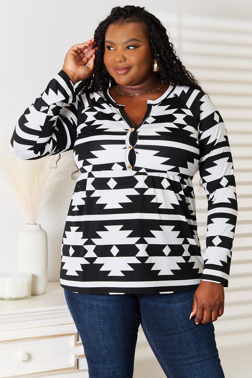 Heimish Full Size Geometric Notched Neck Long Sleeve Top Carauana Store