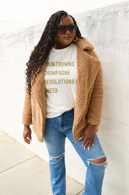 Simply Love Full Size COUNTDOWNS CHAMPAGNE RESOLUTIONS & CHEER Round Neck T-Shirt Carauana Store