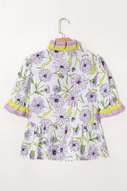 Purple Floral Print Striped Detail Split Neck Flounce Short Sleeve Peplum Blouse