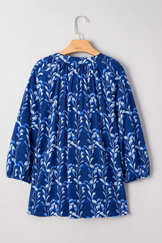 Blue Botanical Print Bracelet Sleeve Notched Neck Blouse