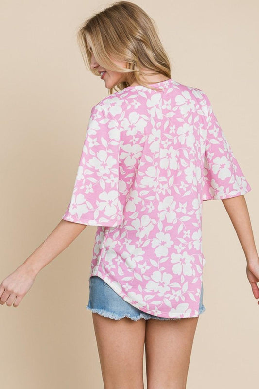 BOMBOM Floral Decorative Button V-Neck Top Carauana Store