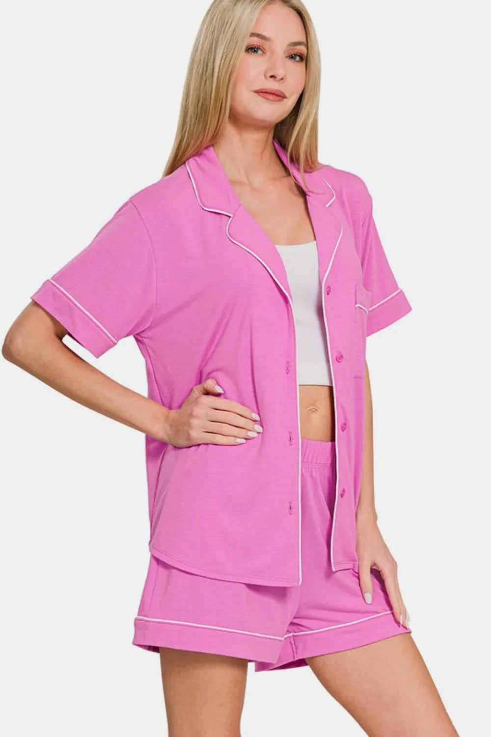 Zenana Button Down Short Sleeve Top and Shorts Lounge Set Carauana Store