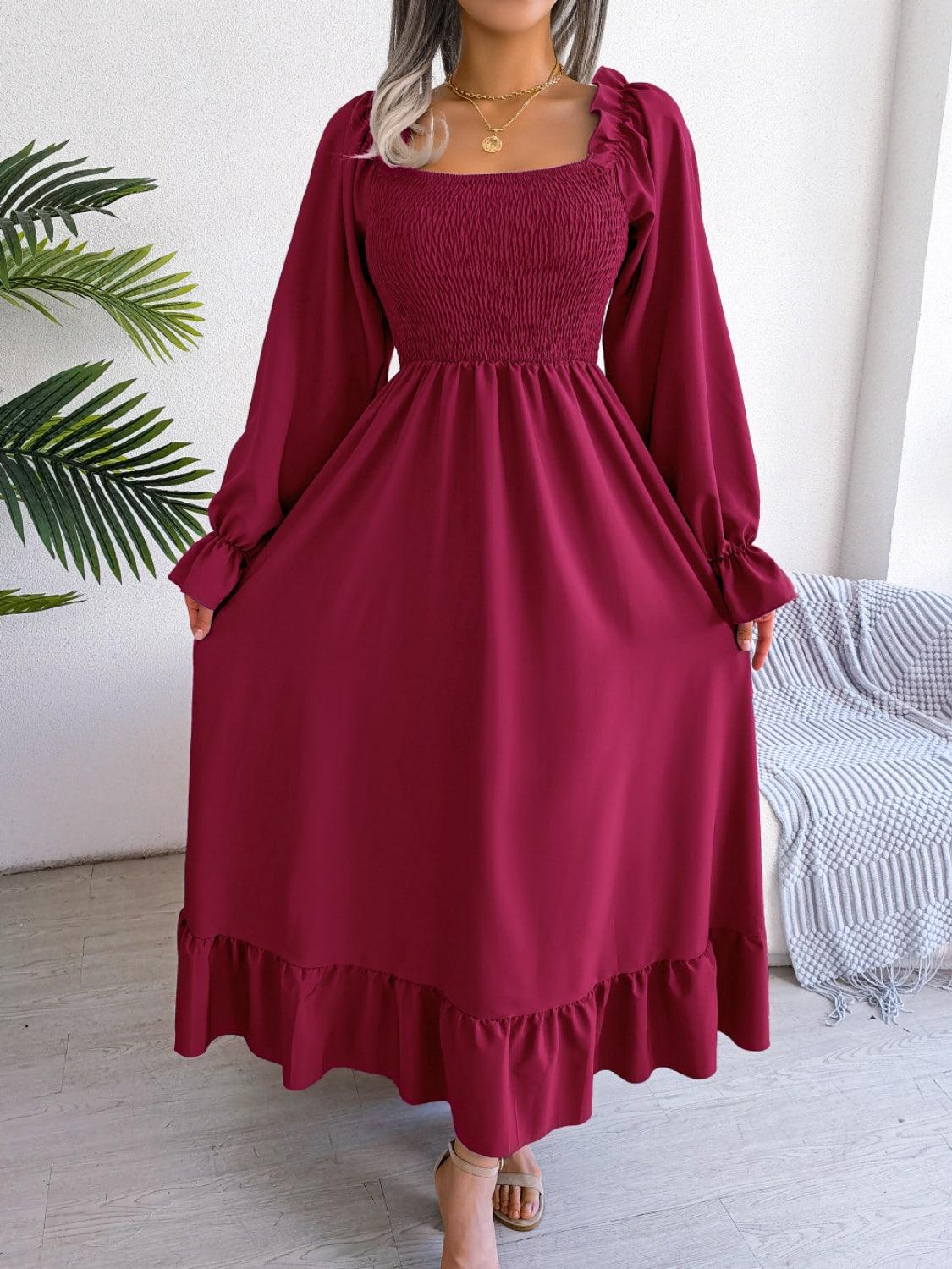 Smocked Square Neck Flounce Sleeve Dress Carauana Store