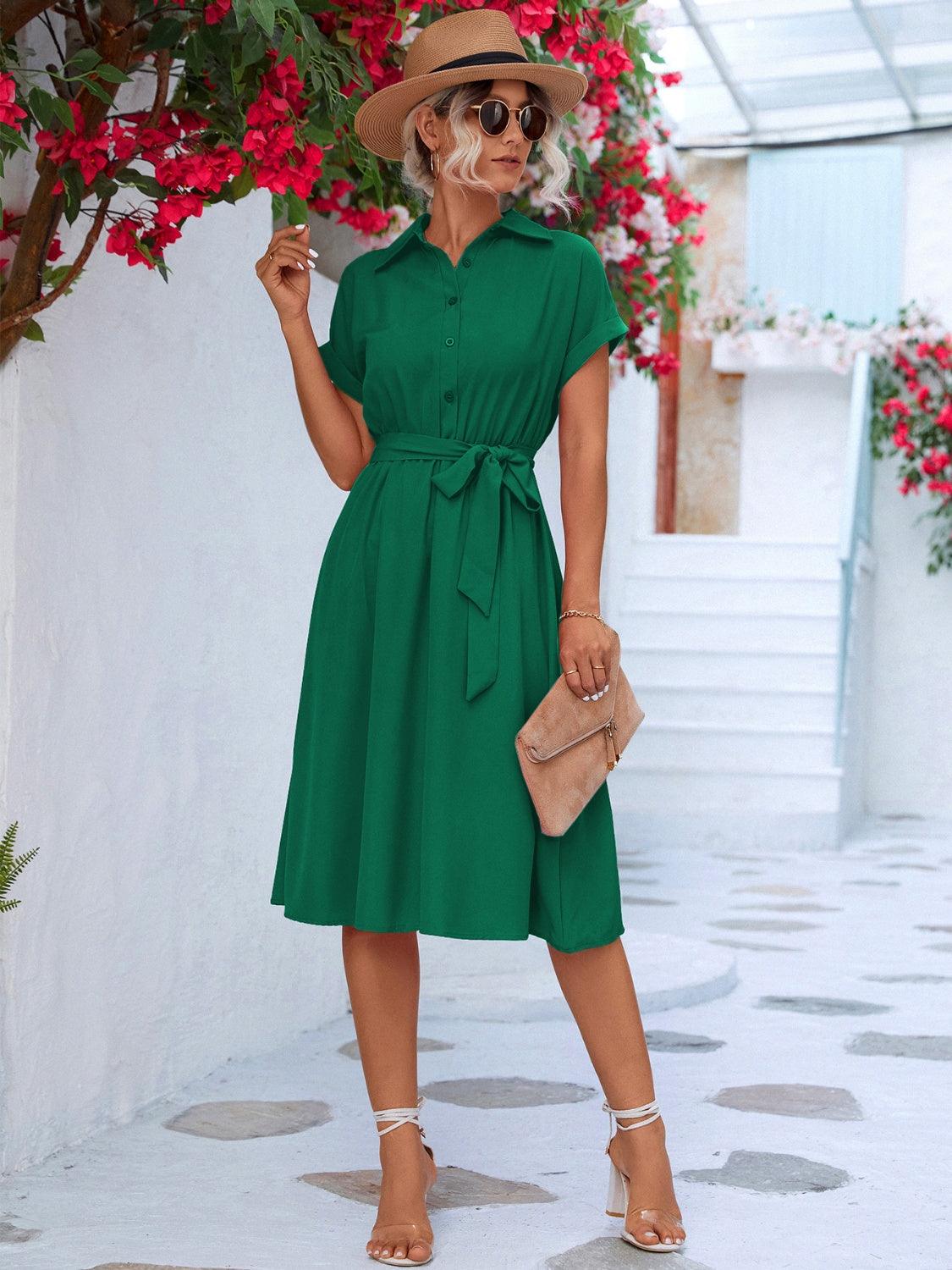 Buttoned Tie Waist Short Sleeve Dress Carauana Store