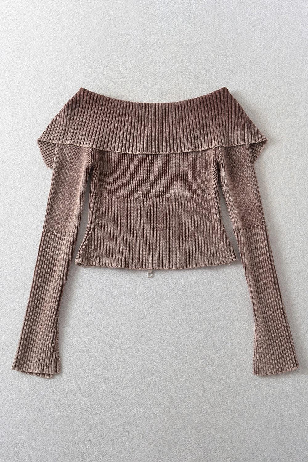 Double Take Ribbed Off-Shoulder Zip Up Long Sleeve Cardigan Carauana Store