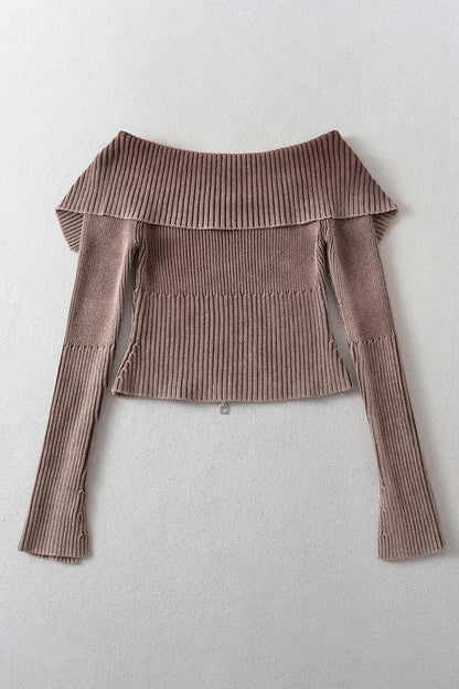 Double Take Ribbed Off-Shoulder Zip Up Long Sleeve Cardigan Carauana Store