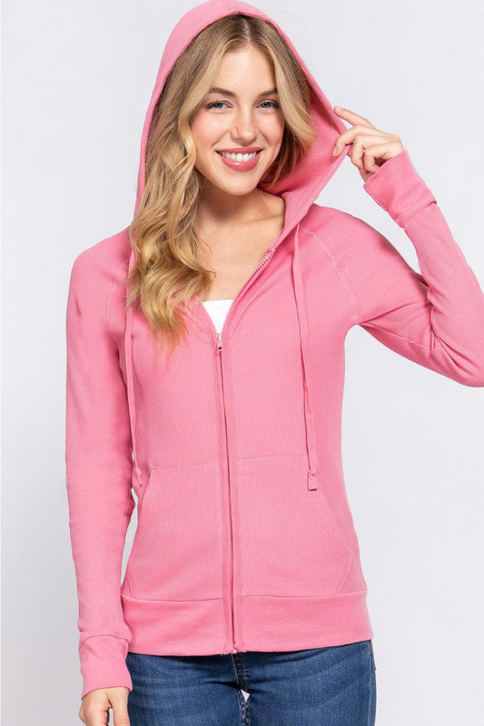 ACTIVE BASIC Waffle Knit Drawstring Zip Up Long Sleeve Hoodie Carauana Store