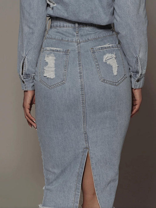 Distressed Slit Denim Skirt Carauana Store