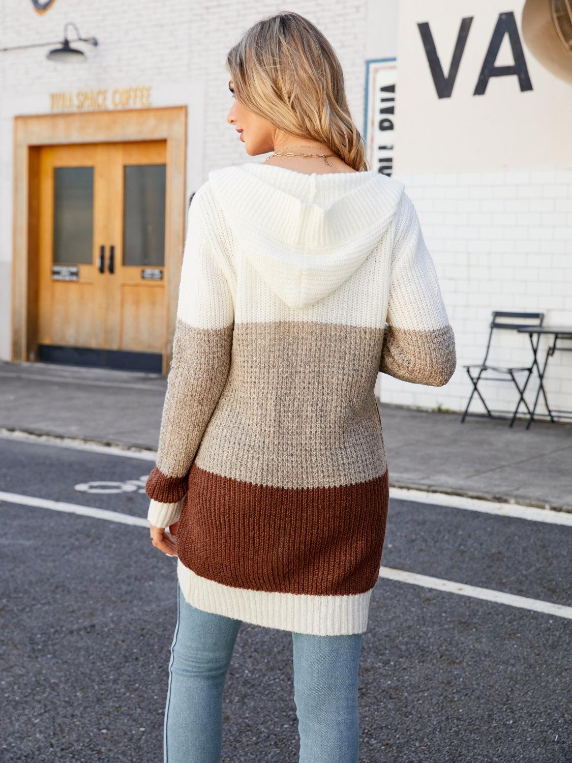 Color Block Open Front Hooded Cardigan Carauana Store