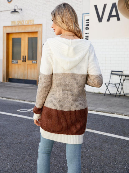 Color Block Open Front Hooded Cardigan Carauana Store