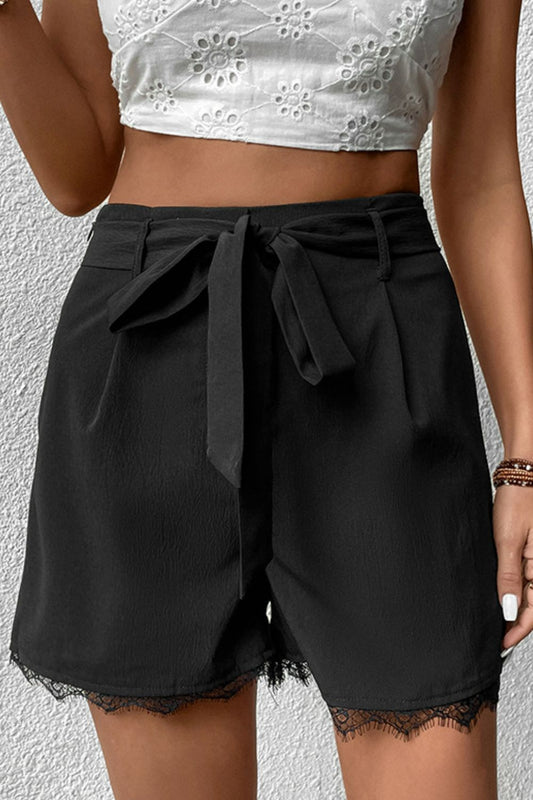Perfee Tie Belt Lace Trim Shorts Carauana Store