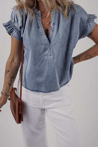 Dusk Blue V Neck Ruffled Short Puff Sleeve Denim Top