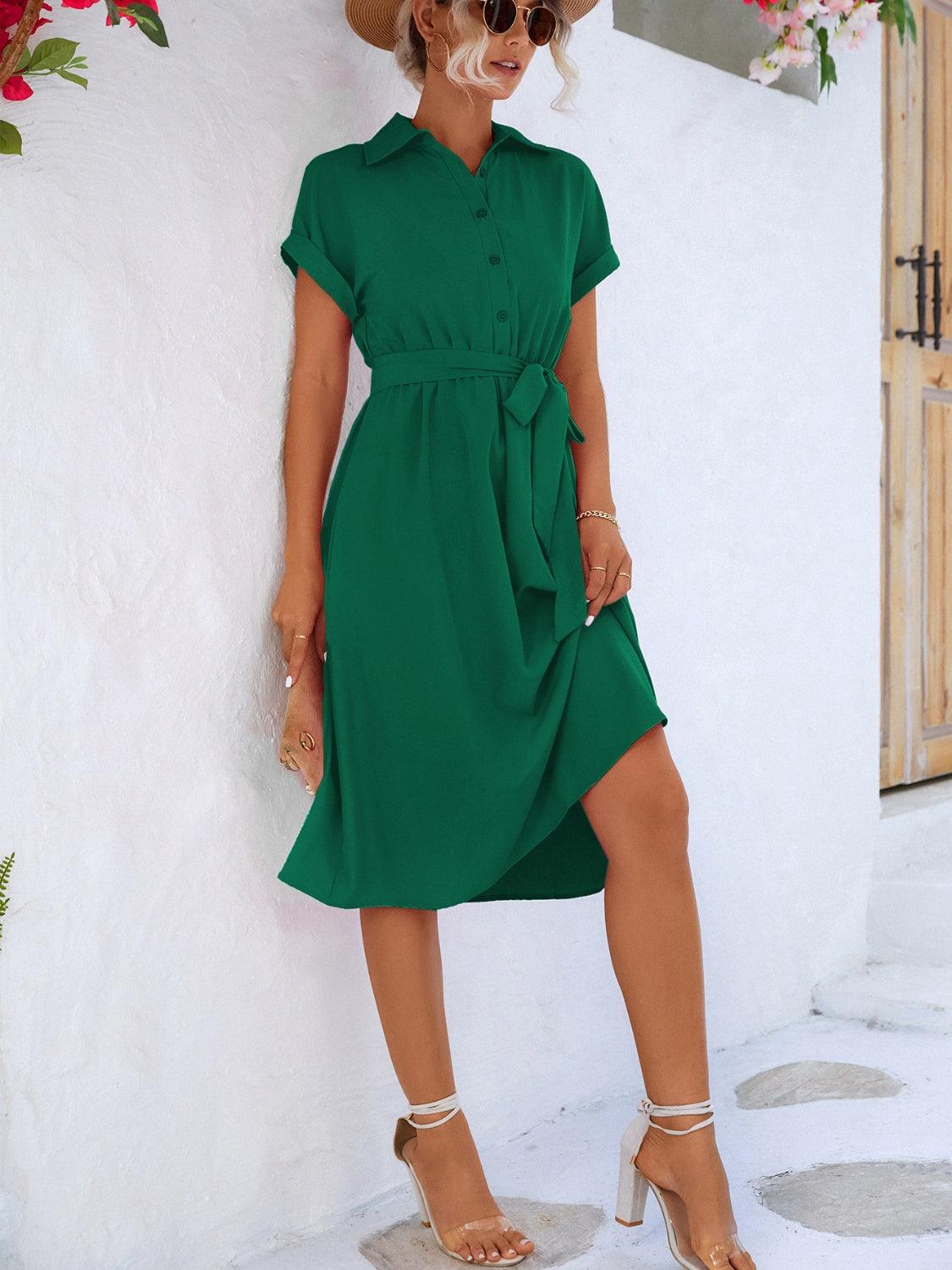 Buttoned Tie Waist Short Sleeve Dress Carauana Store