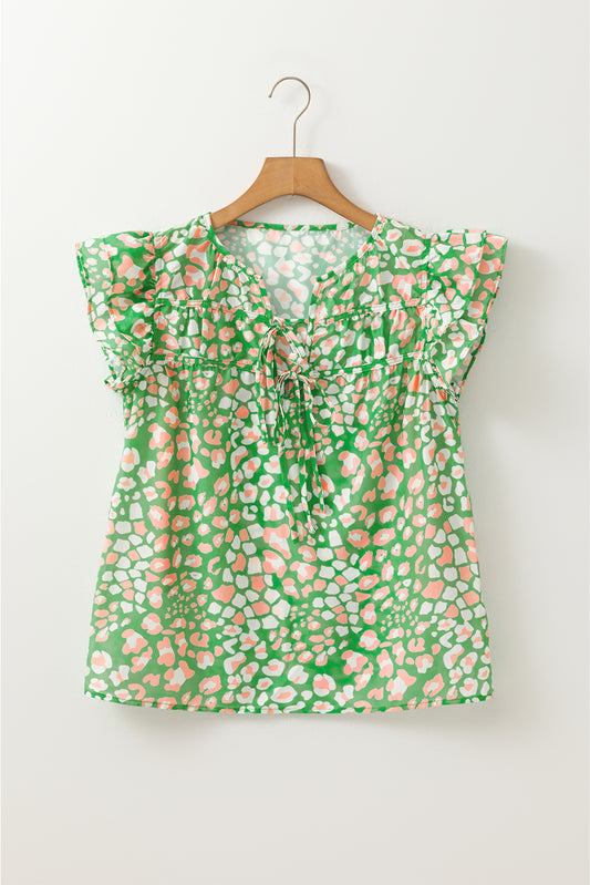 Green Abstract Leopard Tied Front Flutter Sleeve Blouse