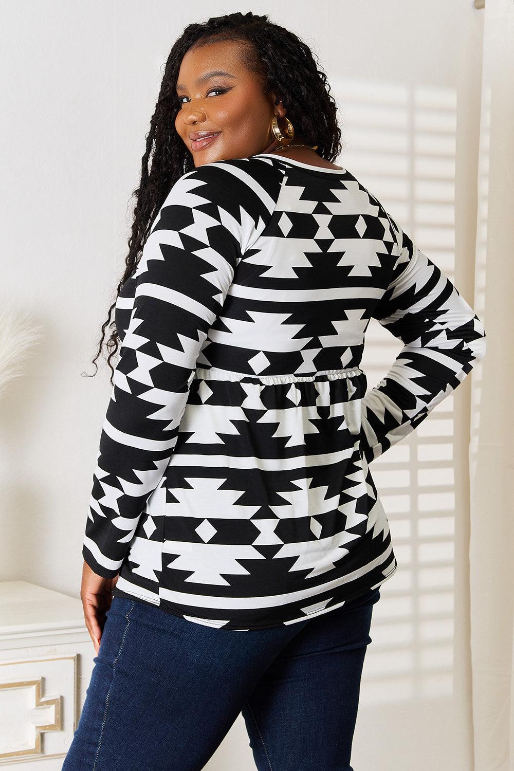 Heimish Full Size Geometric Notched Neck Long Sleeve Top Carauana Store
