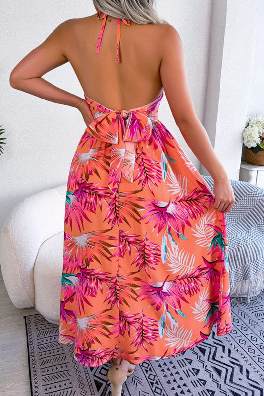 Botanical Print Tied Backless Cutout Slit Dress Carauana Store