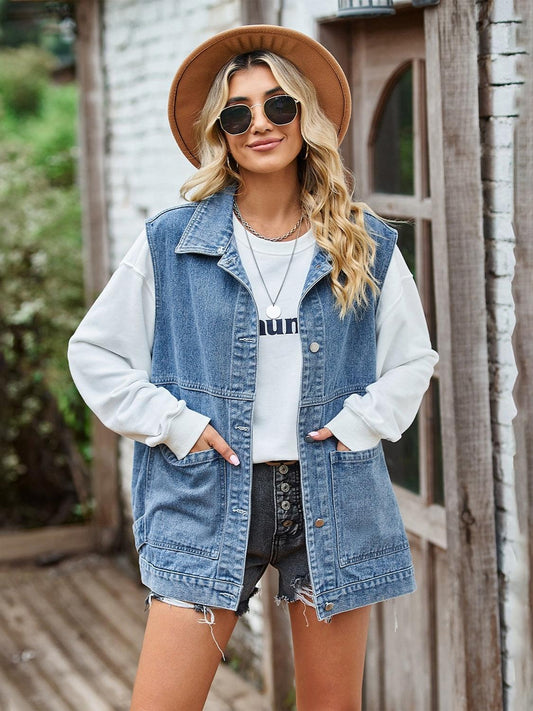 Button Front Sleeveless Denim Jacket Carauana Store