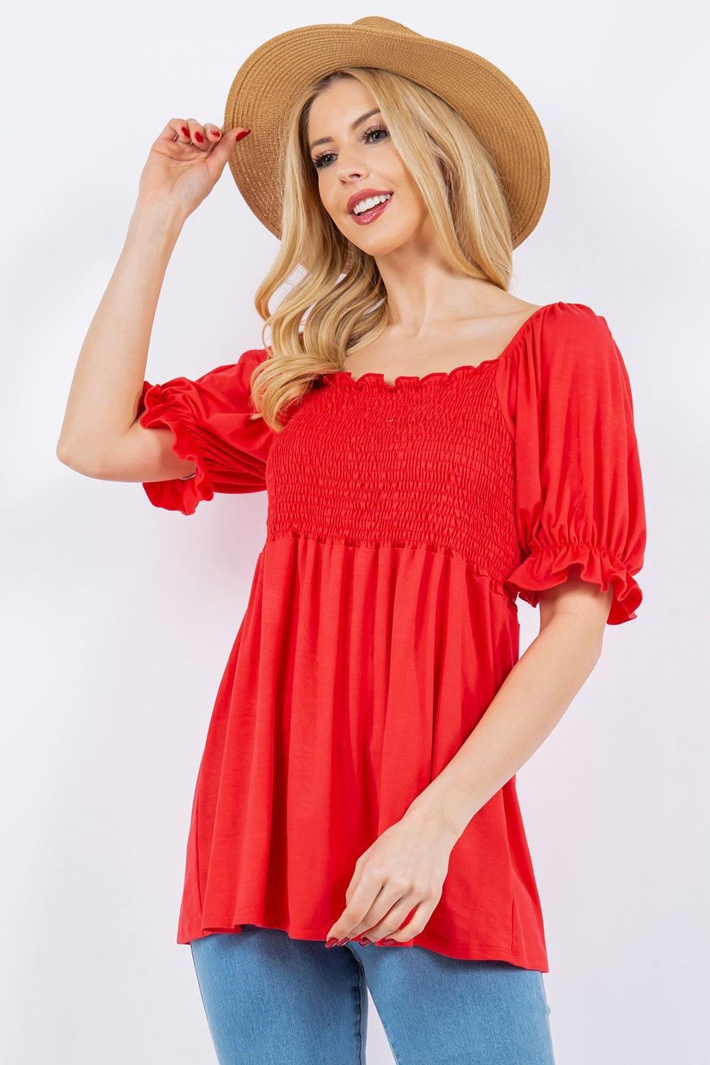 Celeste Full Size Ruffled Short Sleeve Smocked Blouse Carauana Store