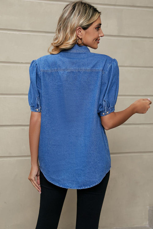 Puff Sleeve Collared Denim Top Carauana Store