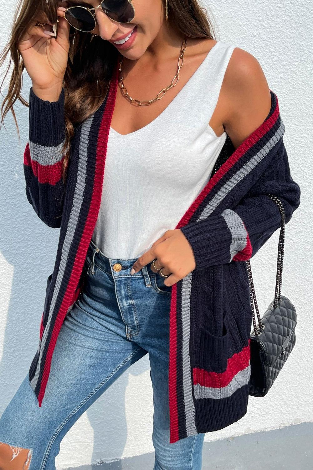Open Front Striped Long Sleeve Cardigan Carauana Store
