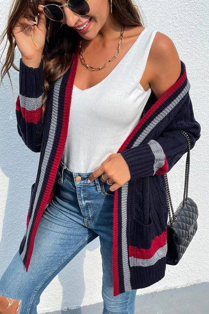 Open Front Striped Long Sleeve Cardigan Carauana Store