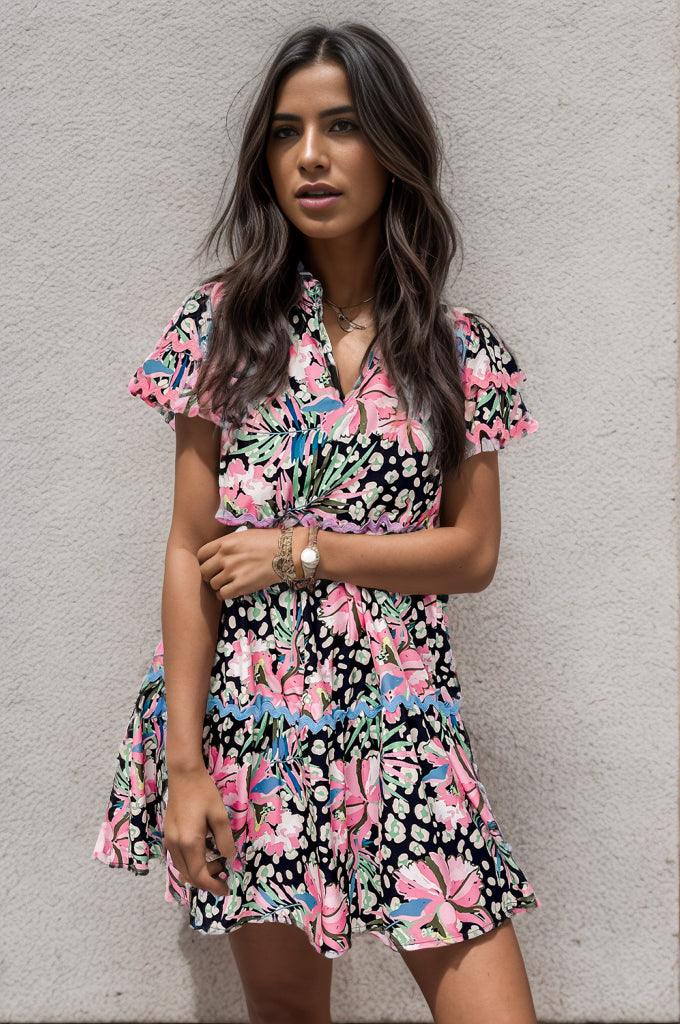 Printed Ruffle Hem Short Sleeve Mini Dress Carauana Store
