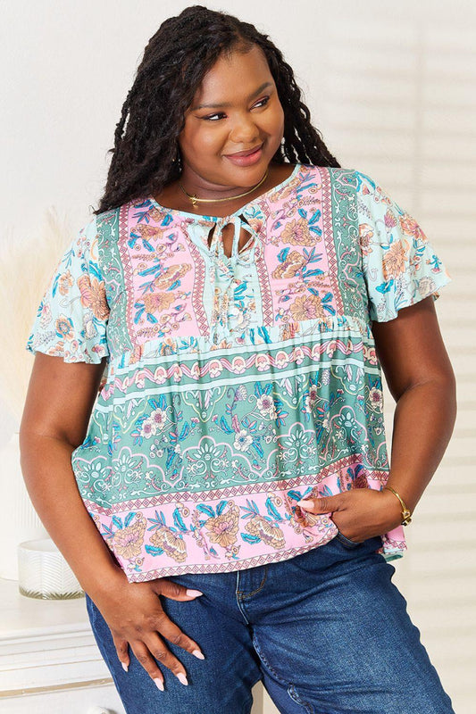 Perfee Floral Tie Neck Short Sleeve Blouse Carauana Store
