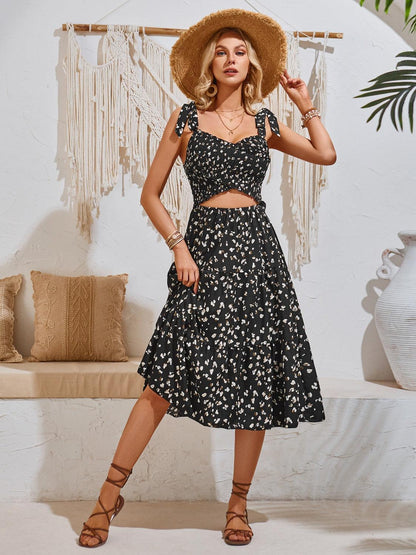 Cutout Printed Tie Shoulder Midi Dress Carauana Store